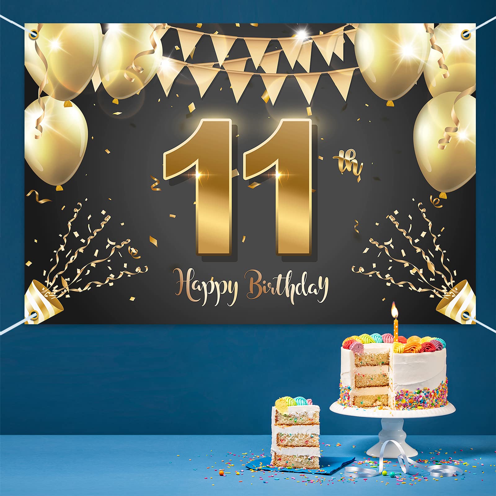 Hamigar 6X4Ft Happy 11Th Birthday Banner Backdrop - 11 Years Old Birthday Decorations Party Supplies For Girls Boys - Black Gold